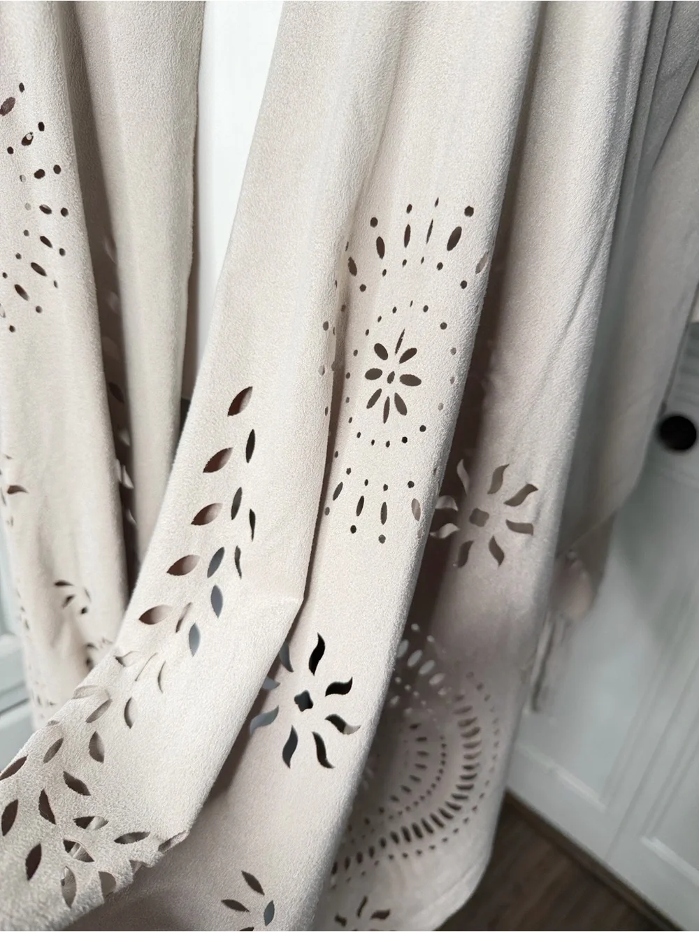 Chico’s Taupe Micro Suede Laser Cut Cardigan